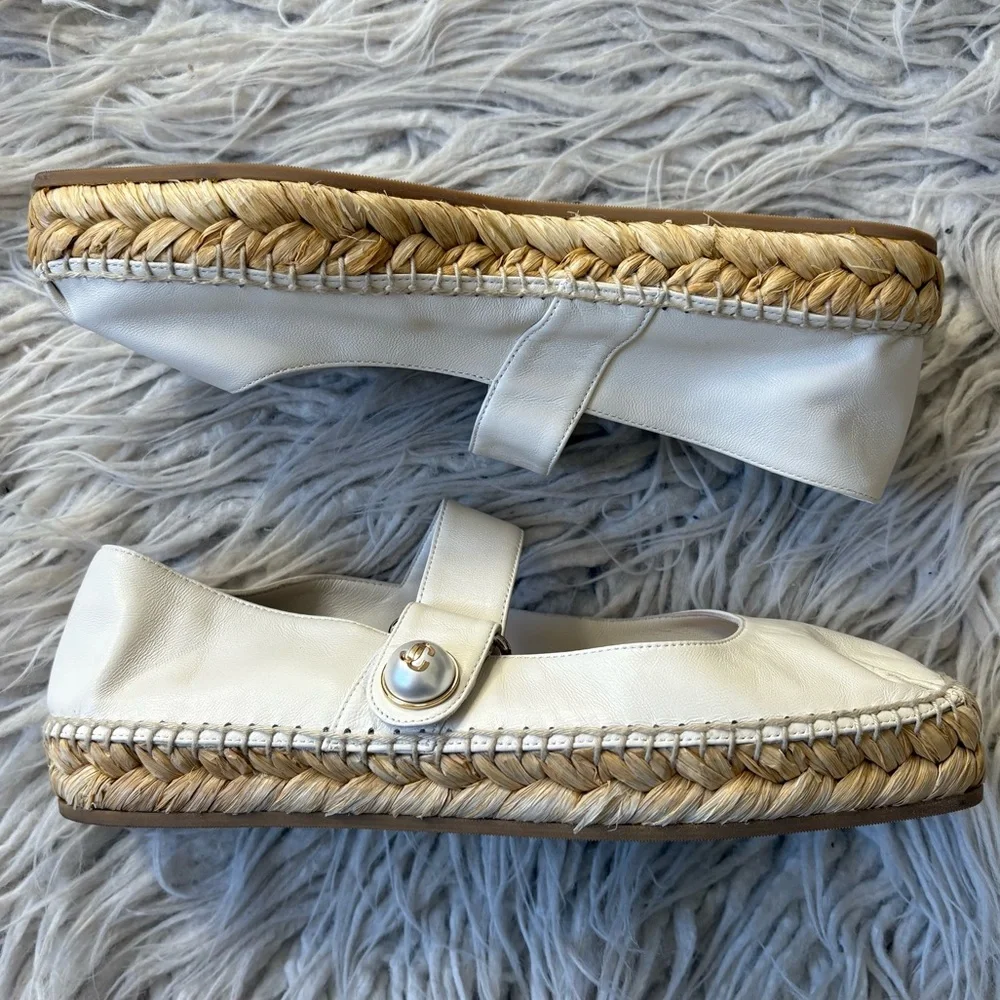 Jimmy Choo Fayence Pearl White Leather Mary Jane Ballerina Espadrilles EUC Sz 38